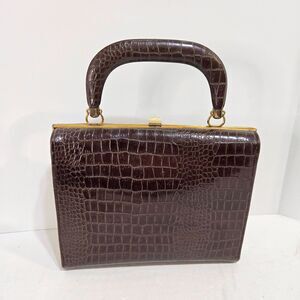 Vtg 50's Womens Handbag Faux Crocodile Embossed Satchel Gold Clasp Top Handle